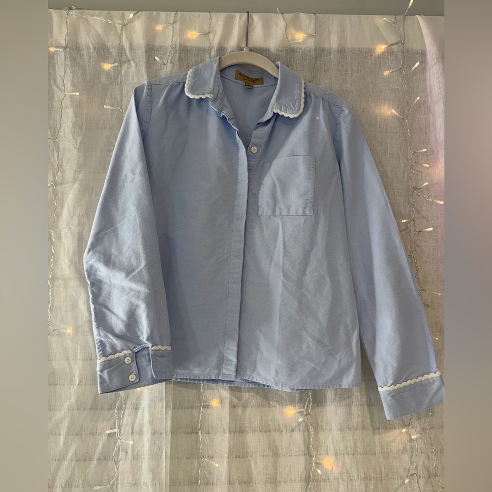 Burberry Light Blue Ruffle Collar Button-Up Blouse